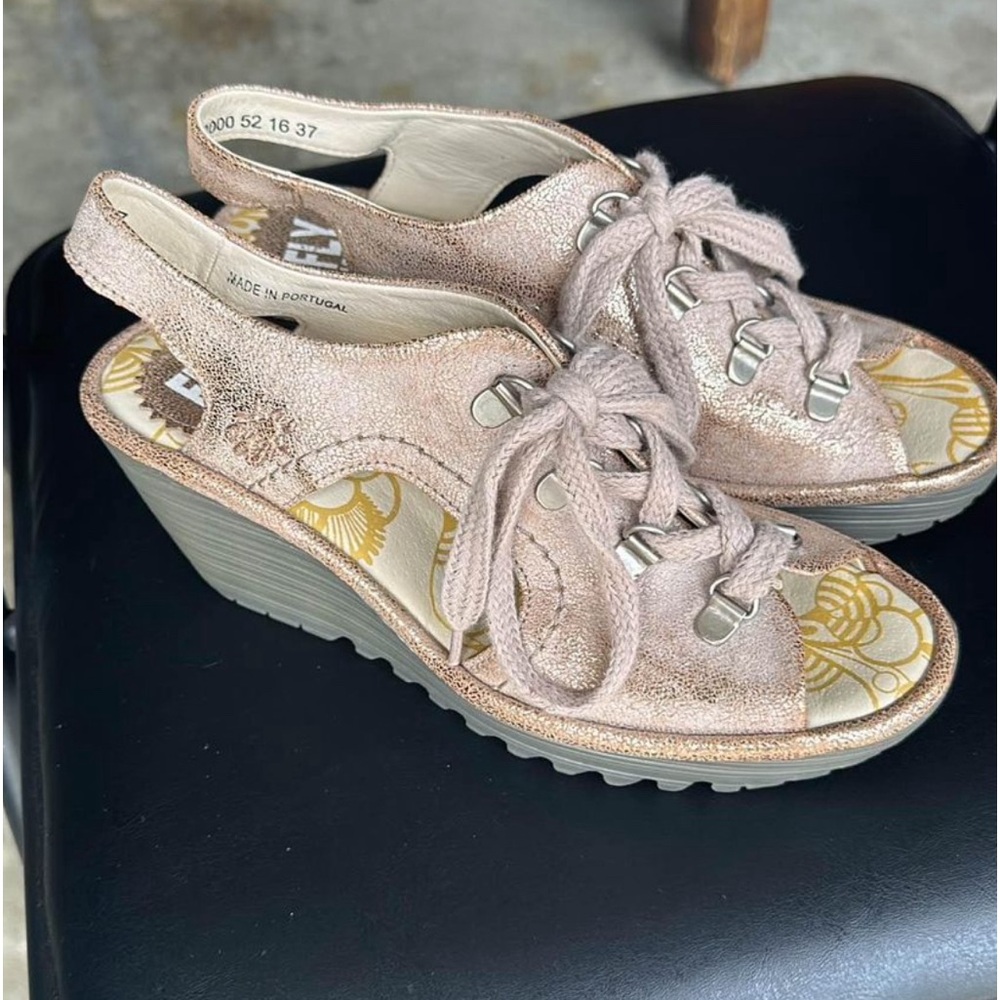 Fly London Ylfa Lace-up Wedge Sandals Leather Metallic Gold Size 37 UK 6-6.5 US